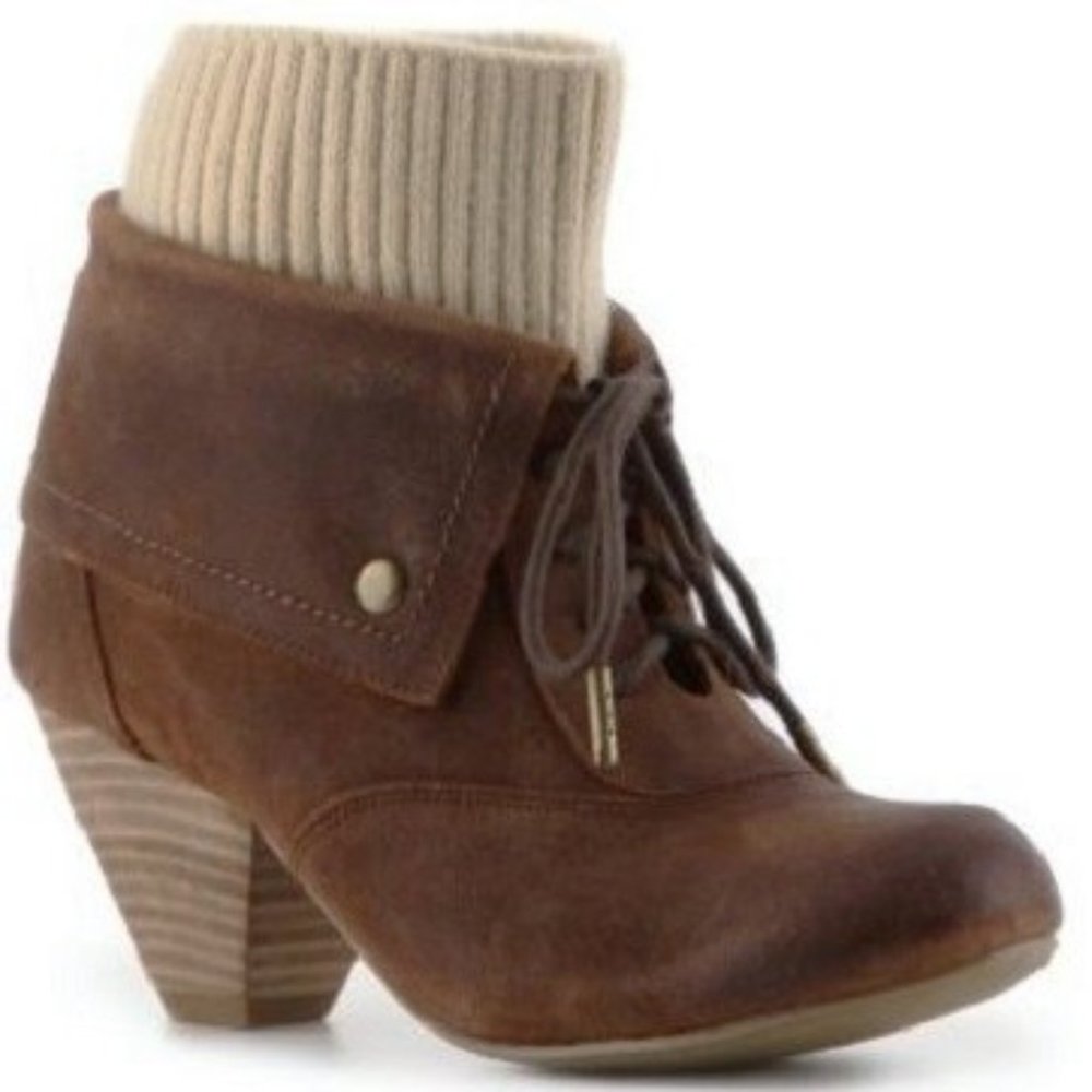 DR. SCHOLL'S BROWN SUEDE SWEATER KNIT LACE-UP ANKLE BOOT 7.5 NEW